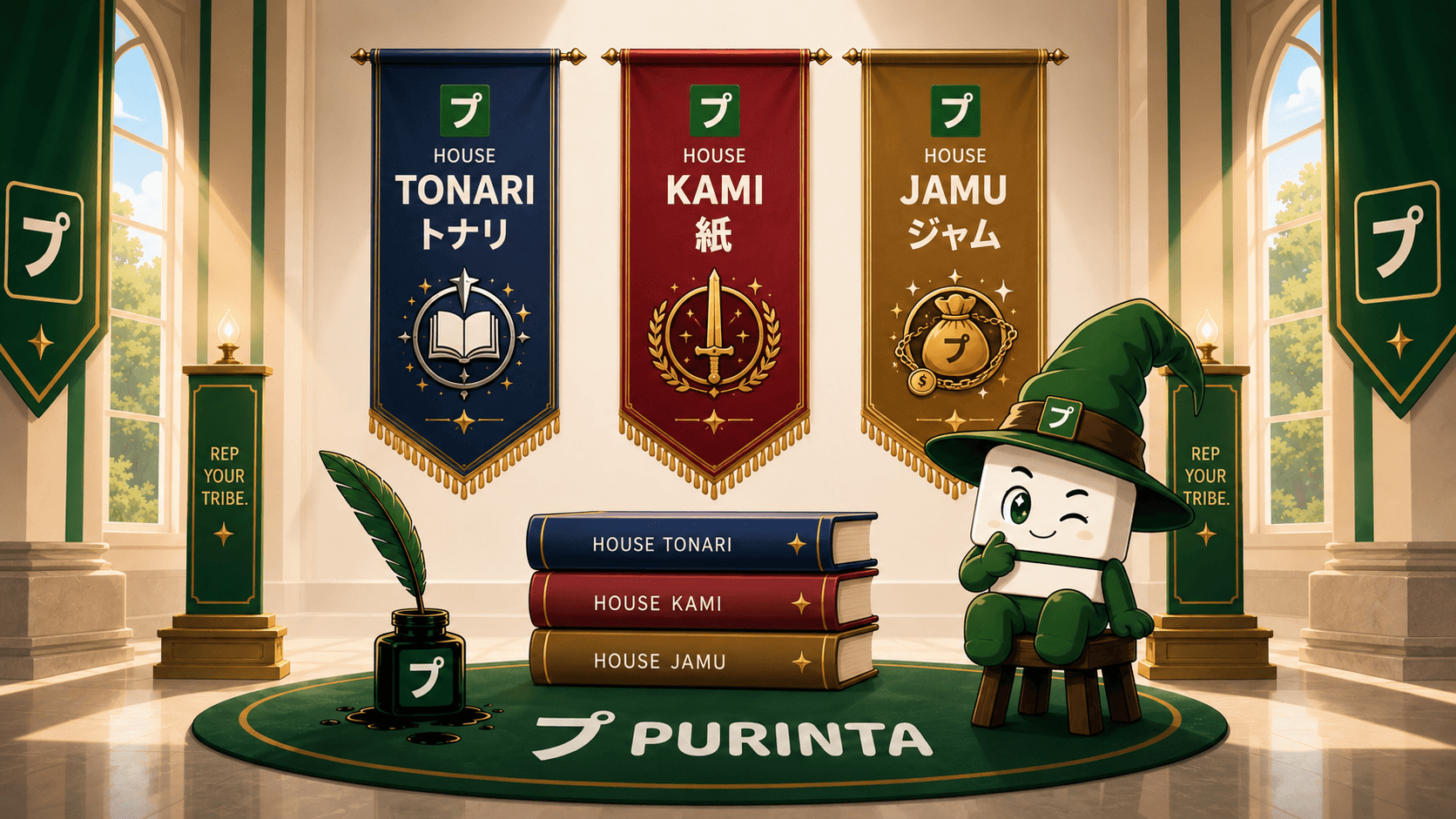 Purinta tofu mascot at the bank with the three house banners
